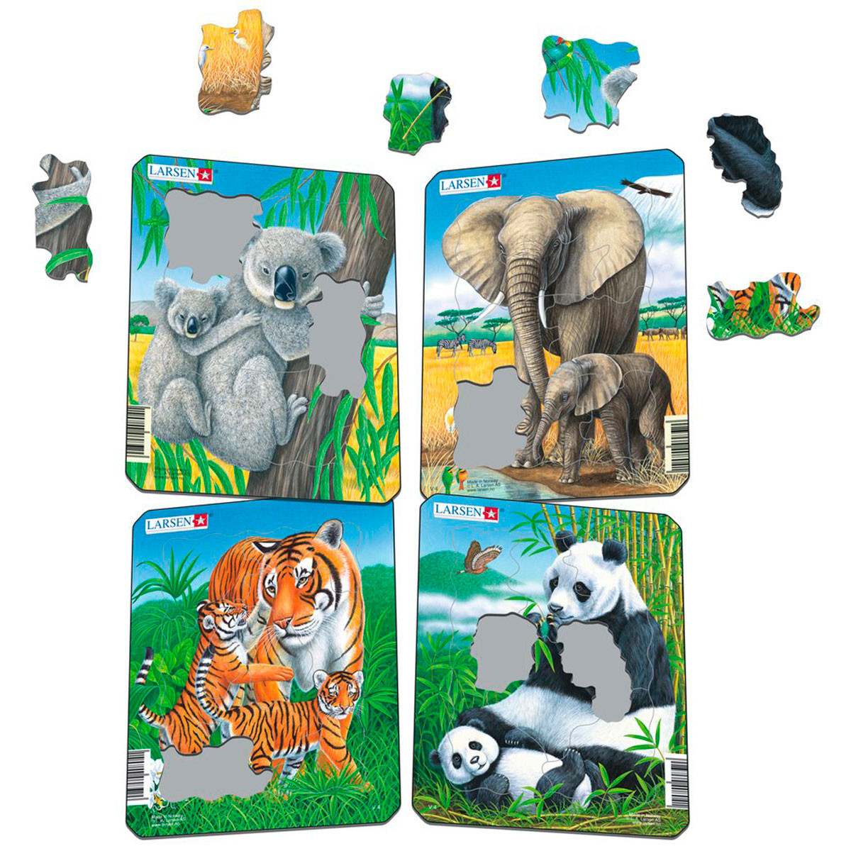 Пазл Дикие животные: коала, слон, тигр, панда, 4 вида, 8 деталей  